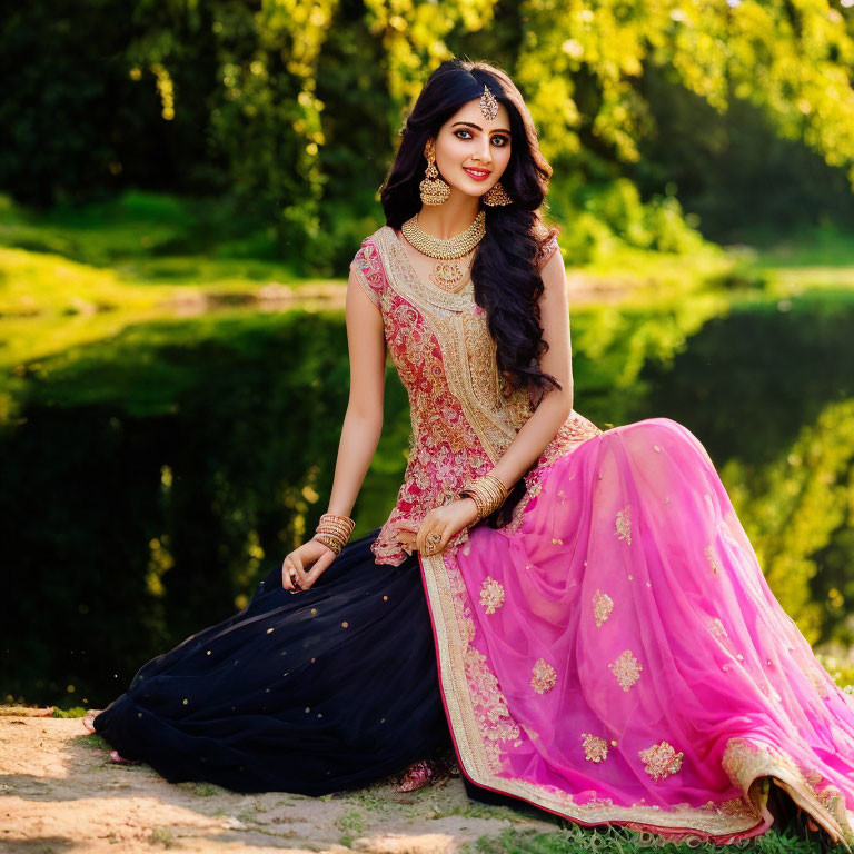 Traditional Outfit with Pink and Navy Blue Embroidery and Accessories