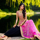 Traditional Outfit with Pink and Navy Blue Embroidery and Accessories