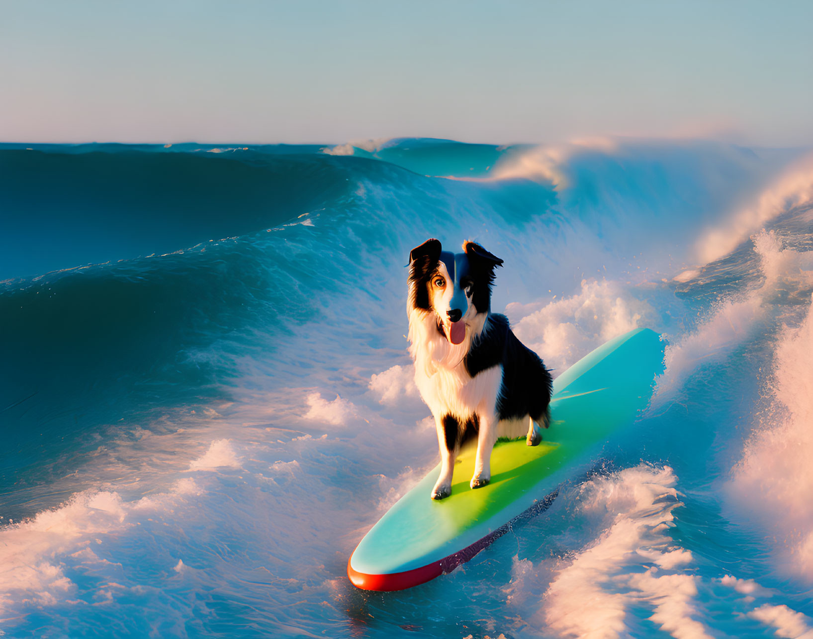 Dog on Surfboard Riding Wave Under Blue Sky