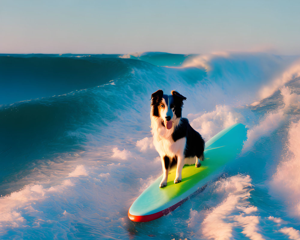 Dog on Surfboard Riding Wave Under Blue Sky