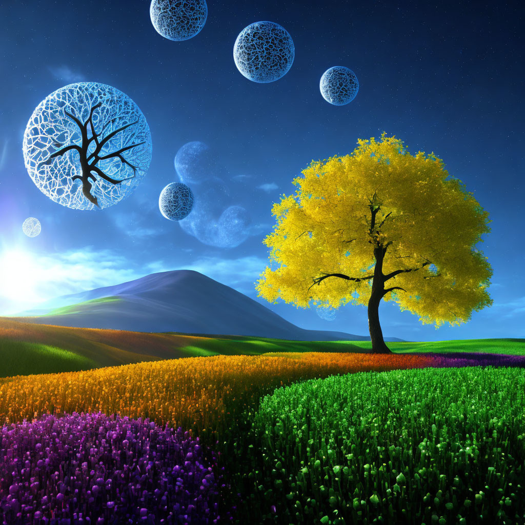 Colorful surreal landscape with yellow tree, mountains, moons, and starry sky.