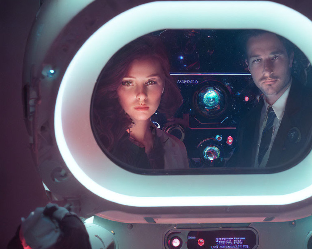 Futuristic capsule with neon lights and high-tech displays