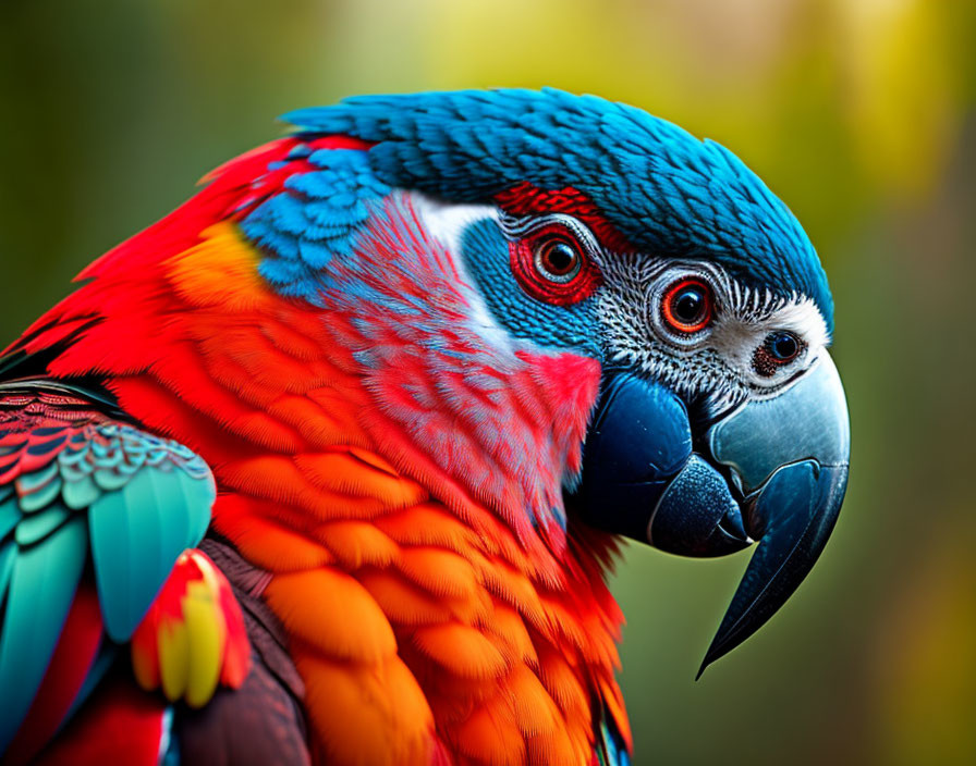 Colorful close-up of red and blue macaw with sharp beak and vibrant feathers on green backdrop