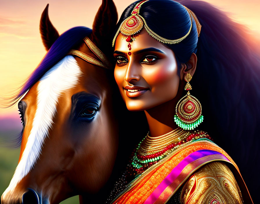 Digital artwork: Woman in Indian attire with jewelry & horse against sunset.