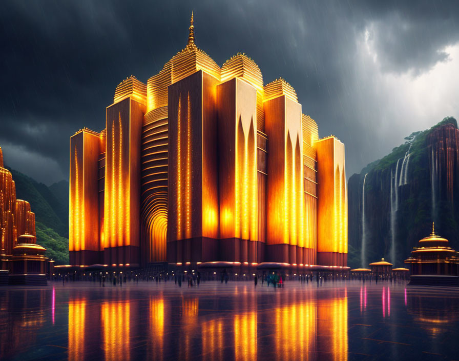 Futuristic Golden Building with Illuminated Vertical Fins under Stormy Skies