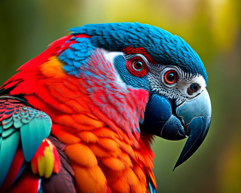 Colorful close-up of red and blue macaw with sharp beak and vibrant feathers on green backdrop