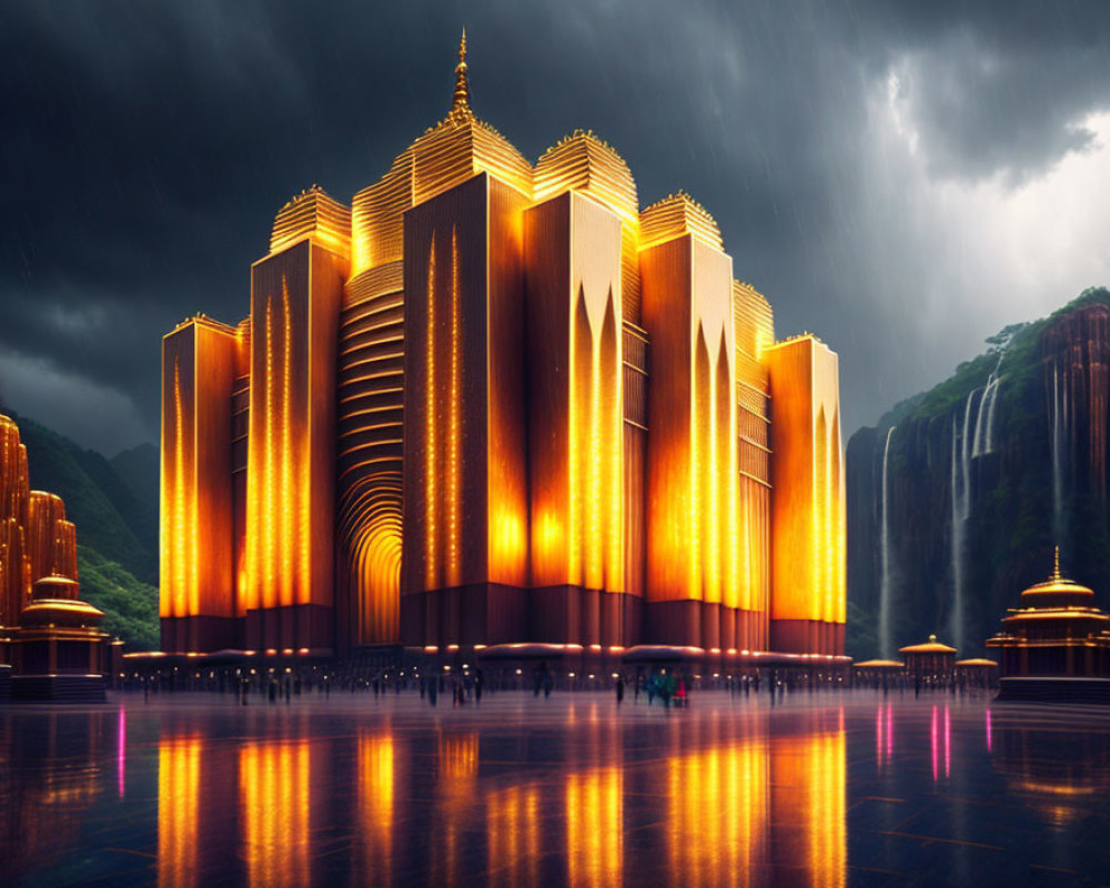 Futuristic Golden Building with Illuminated Vertical Fins under Stormy Skies