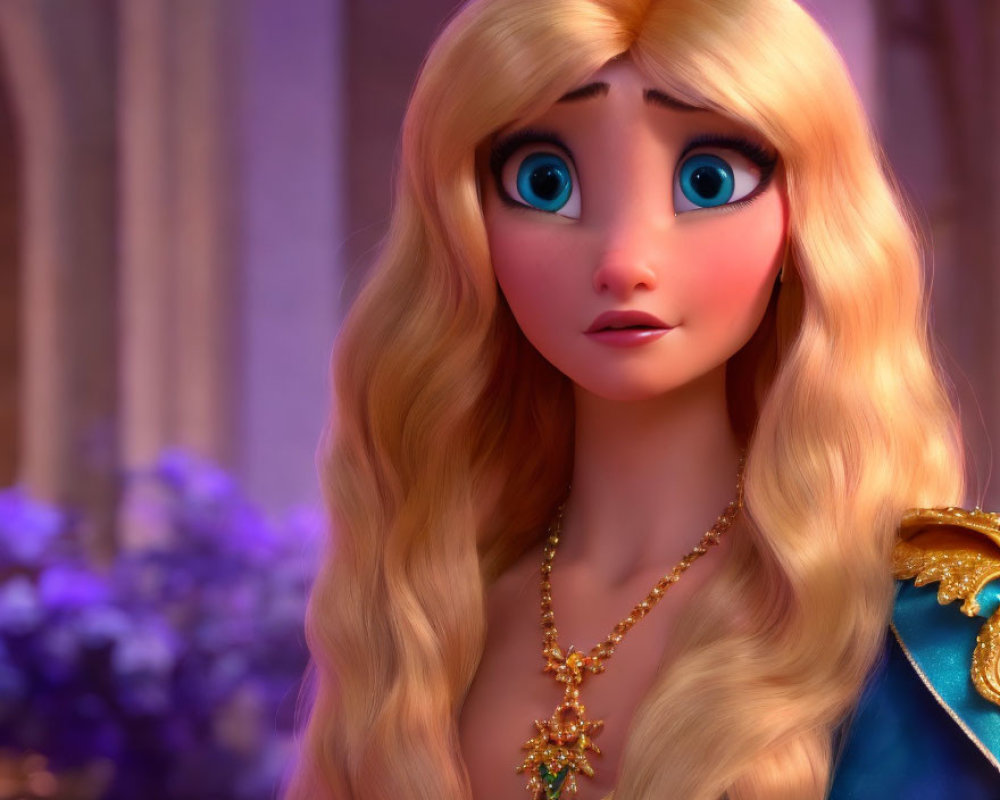 Blonde Animated Character with Blue Eyes and Gold Necklace in Surprised Expression