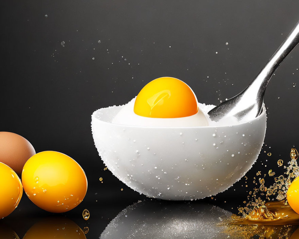 Raw egg yolk on half-shell with spoon, eggs, and splashing liquid on black background