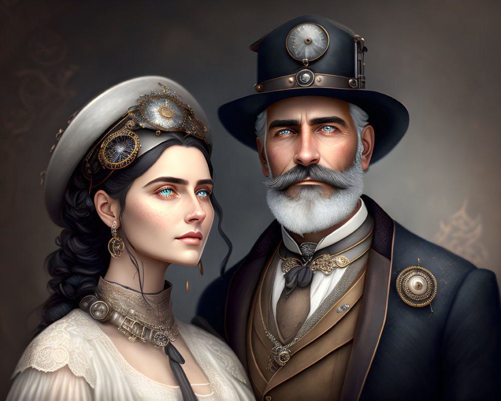 Victorian-era couple in steampunk attire with ornate headgear and brass gears