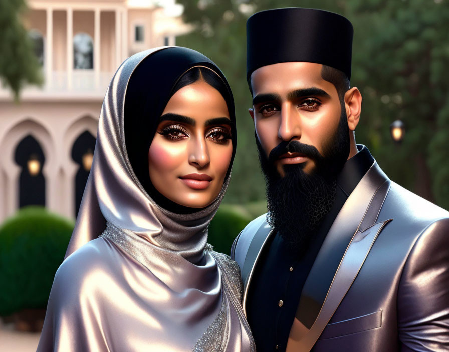 Stylish couple in hijab and fez against luxurious house backdrop