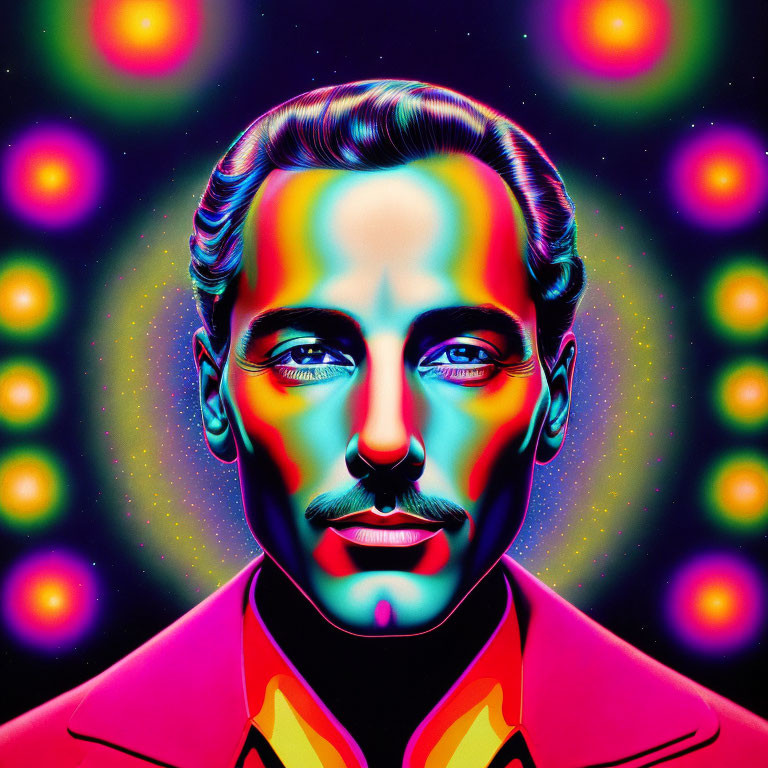 Colorful psychedelic portrait of a man with striking facial features and vibrant background.