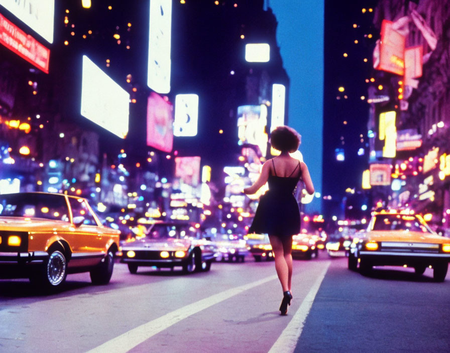 Woman in black dress strolling city street at night with neon signs and vintage cars.