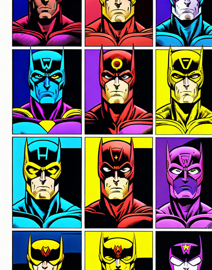 Colorful Grid of Superhero Faces with Unique Mask Designs & Emblems