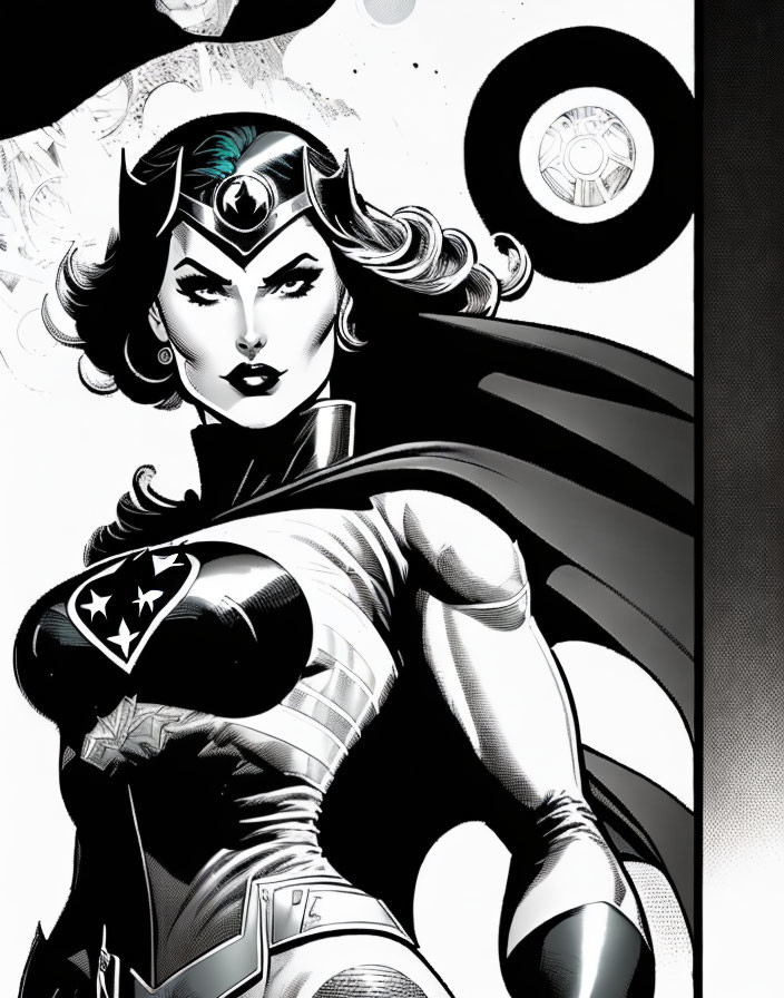 Monochrome superheroine with headband, cape, and star emblem.