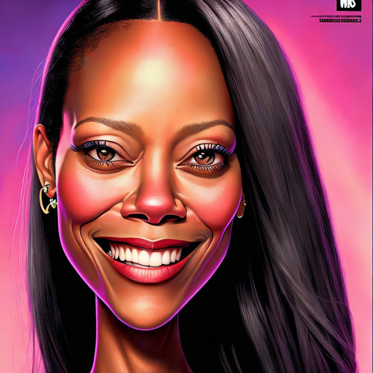 Smiling woman caricature with large eyes on pink background