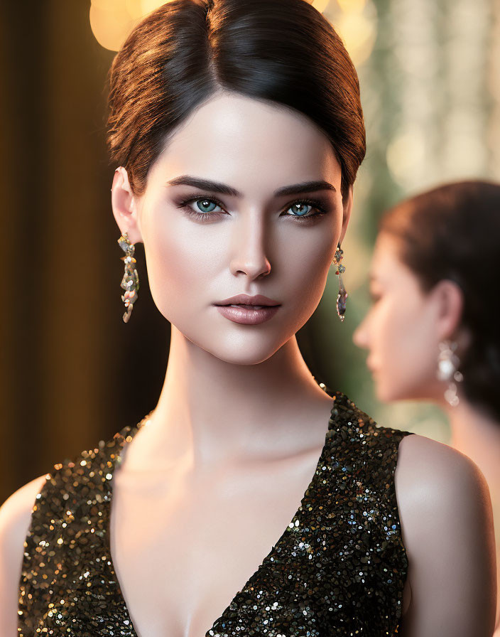 Portrait of Woman in Sequined Black Dress with Striking Green Eyes