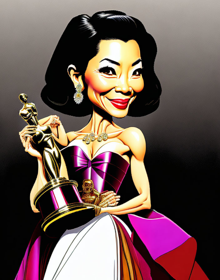 Smiling woman in strapless gown with award statue, elegant jewelry