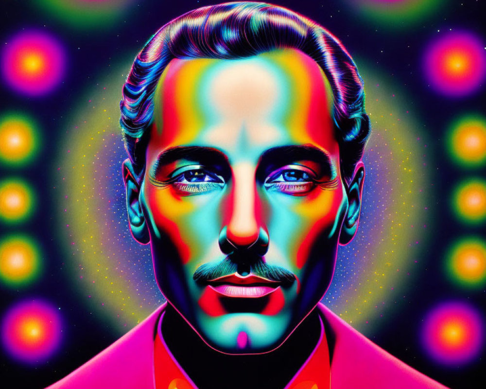 Colorful psychedelic portrait of a man with striking facial features and vibrant background.