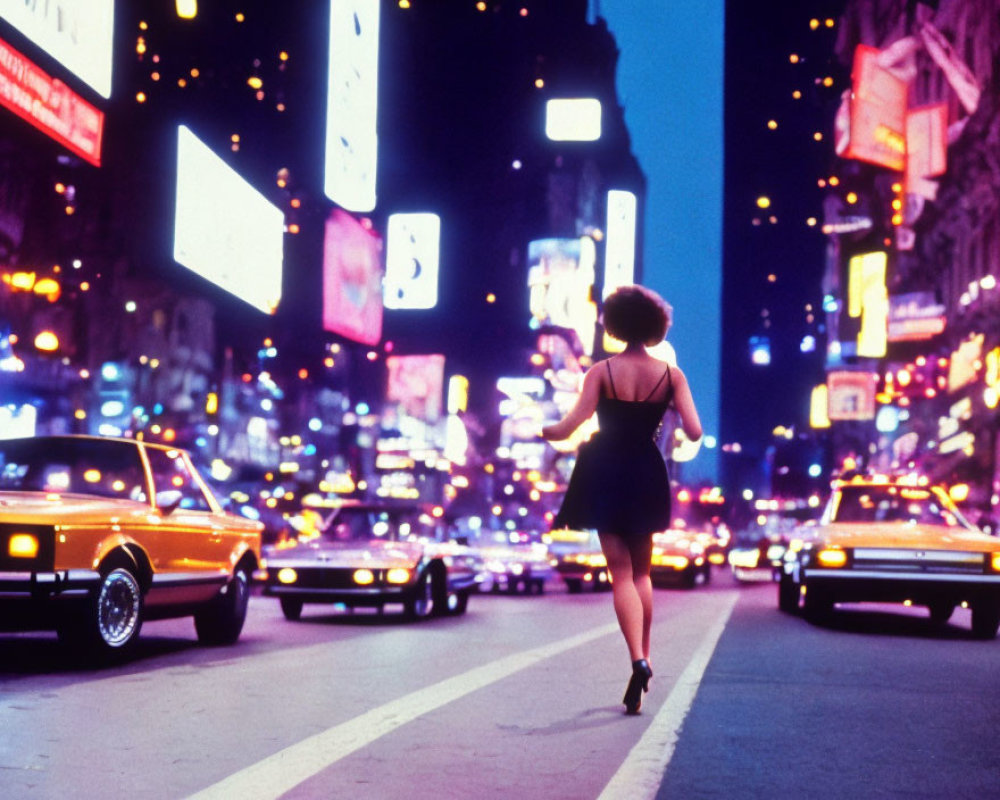 Woman in black dress strolling city street at night with neon signs and vintage cars.