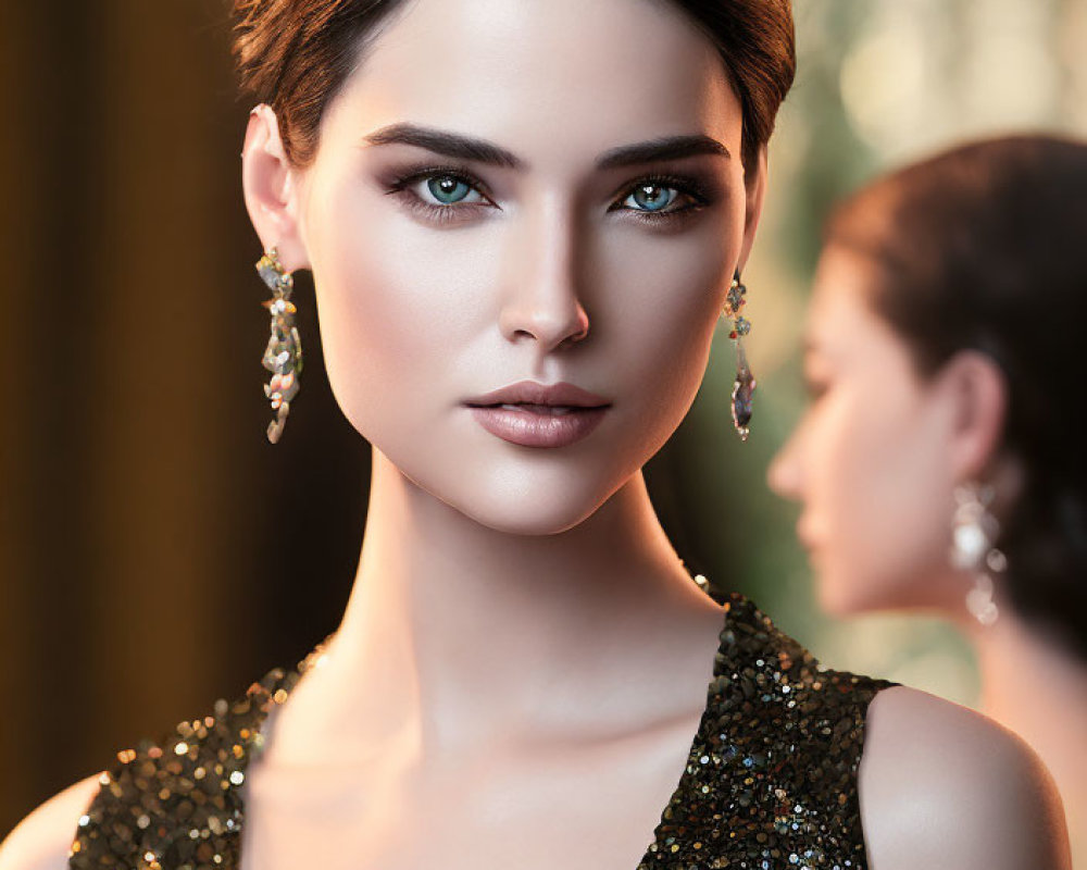 Portrait of Woman in Sequined Black Dress with Striking Green Eyes