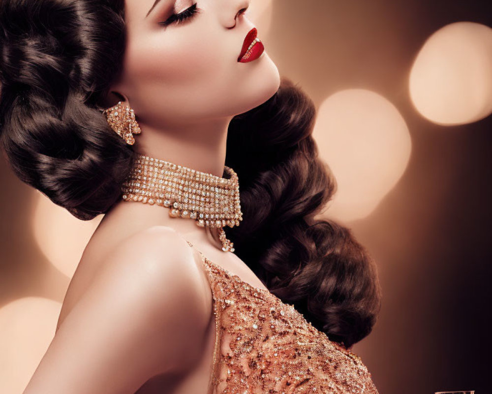 Vintage-inspired woman in sequined gown and pearls with glass, against bokeh background