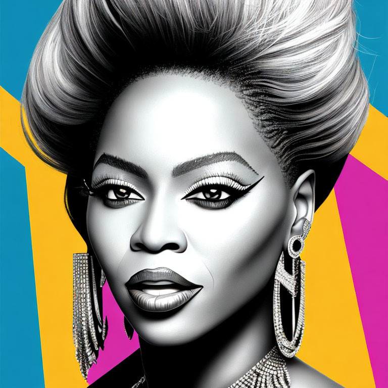 Monochrome illustration of woman with dramatic makeup and voluminous hair against vibrant geometric background.