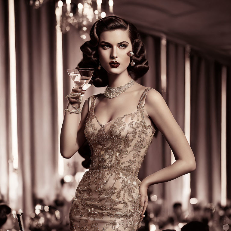 Elegant woman in vintage-style dress with martini glass in luxurious Hollywood setting