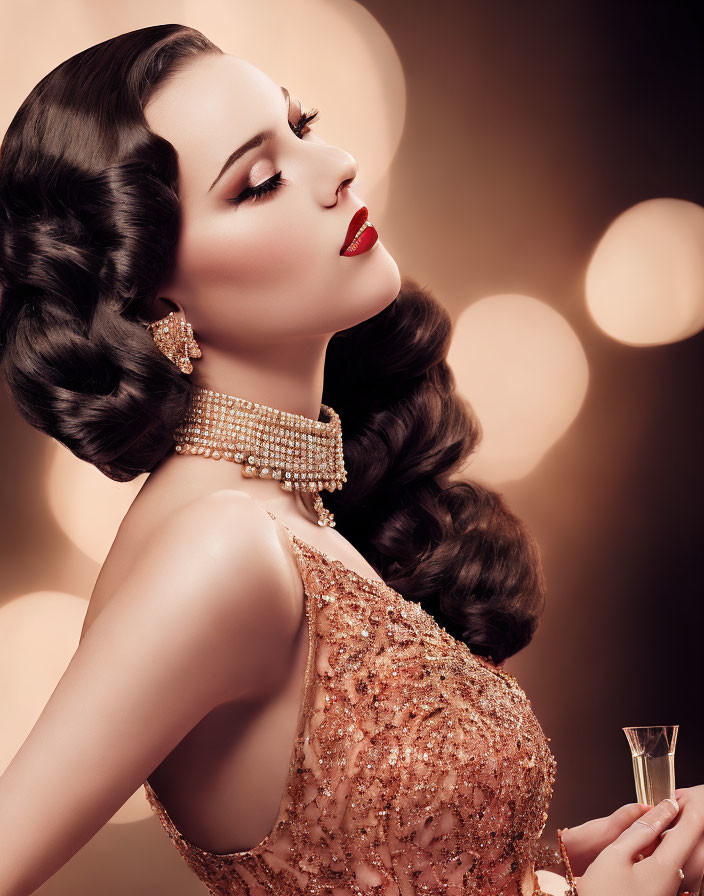 Vintage-inspired woman in sequined gown and pearls with glass, against bokeh background