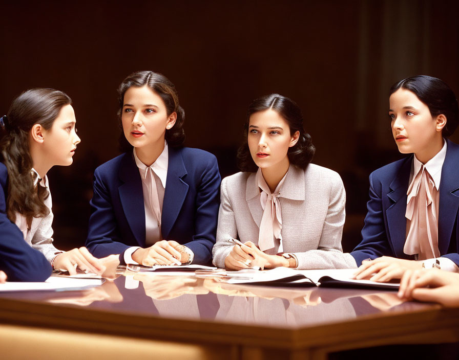 Four Women in Matching Attire Sitting at Table