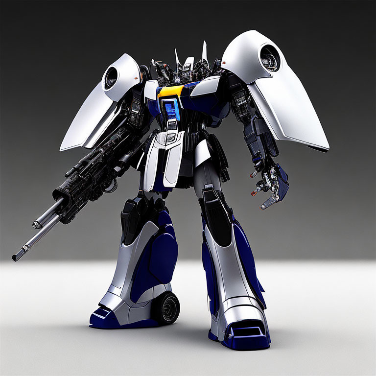 Detailed 3D Model of White and Blue Humanoid Robot with Rifle