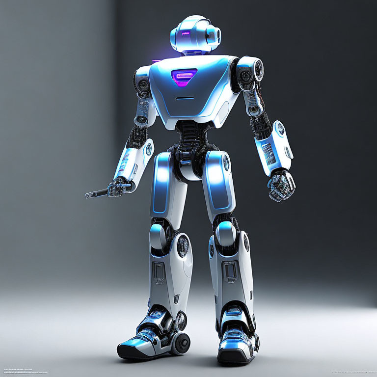 Blue and White Humanoid Robot with Illuminated Accents on Gray Background