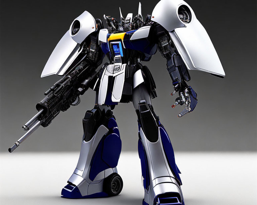 Detailed 3D Model of White and Blue Humanoid Robot with Rifle