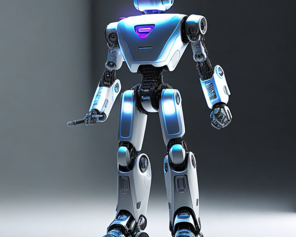 Blue and White Humanoid Robot with Illuminated Accents on Gray Background