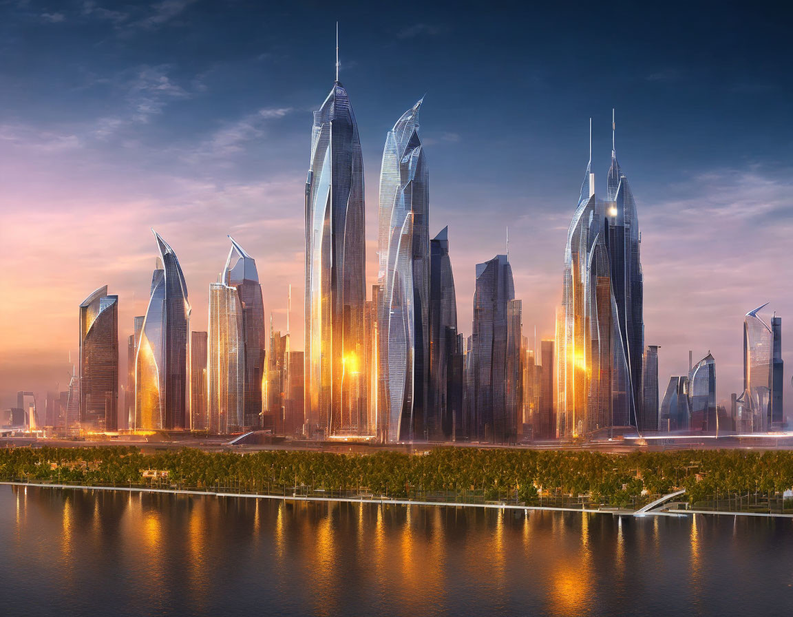 Futuristic city skyline at sunset with tall skyscrapers reflecting warm glow, against tranquil waterfront.