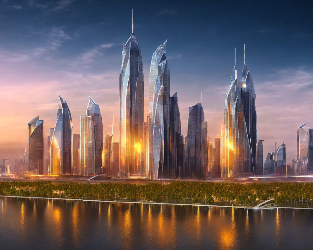 Futuristic city skyline at sunset with tall skyscrapers reflecting warm glow, against tranquil waterfront.