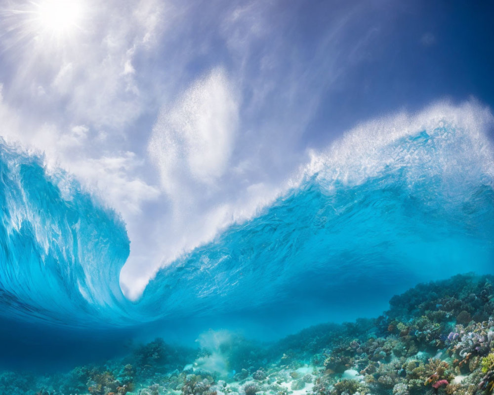 Vivid coral beneath curling ocean wave in clear tropical waters