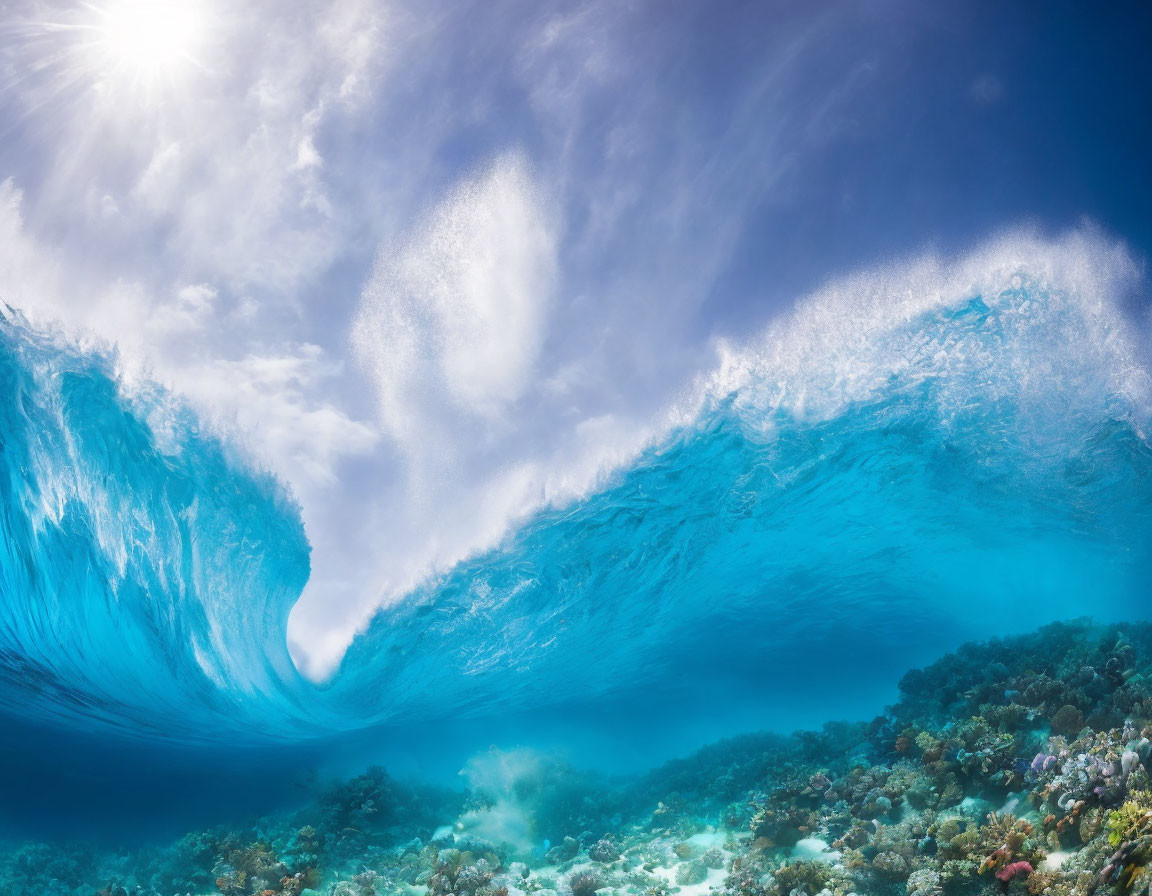 Vivid coral beneath curling ocean wave in clear tropical waters