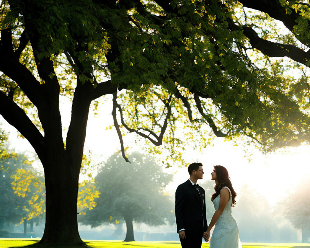 Wedding couple under tree with sunlight filtering.