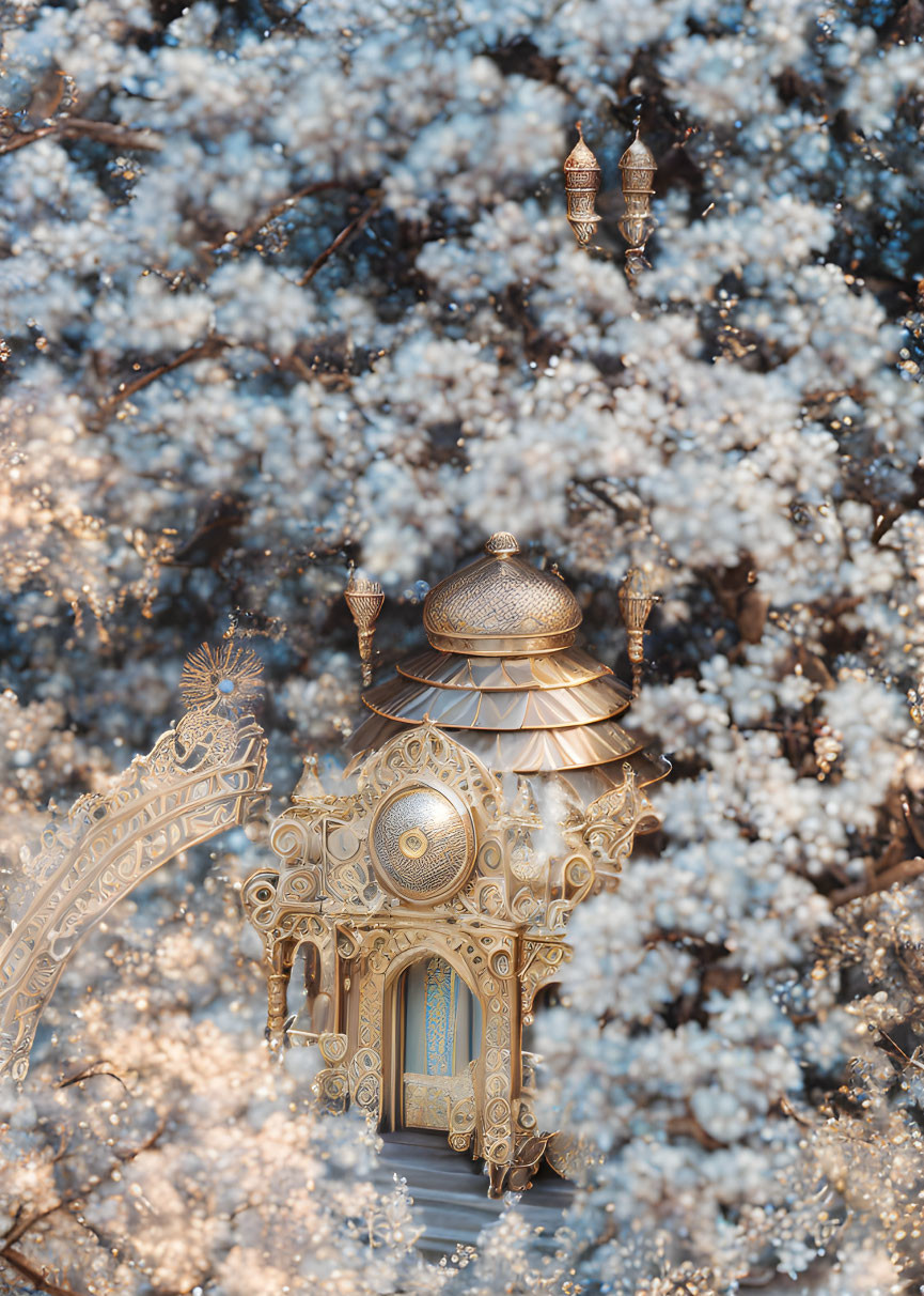 Intricate Golden Lantern Among White Blooms