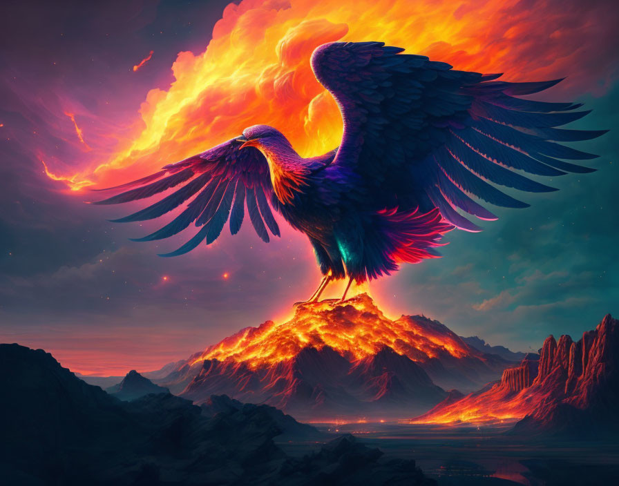 Colorful Phoenix Soars Over Fiery Volcanic Landscape