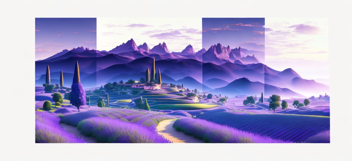 Stylized Purple Landscape Triptych with Rolling Hills