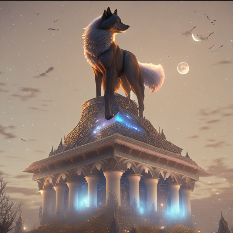 Wolf Statue on Ornate Pillar Under Twilight Sky with Moon and Birds