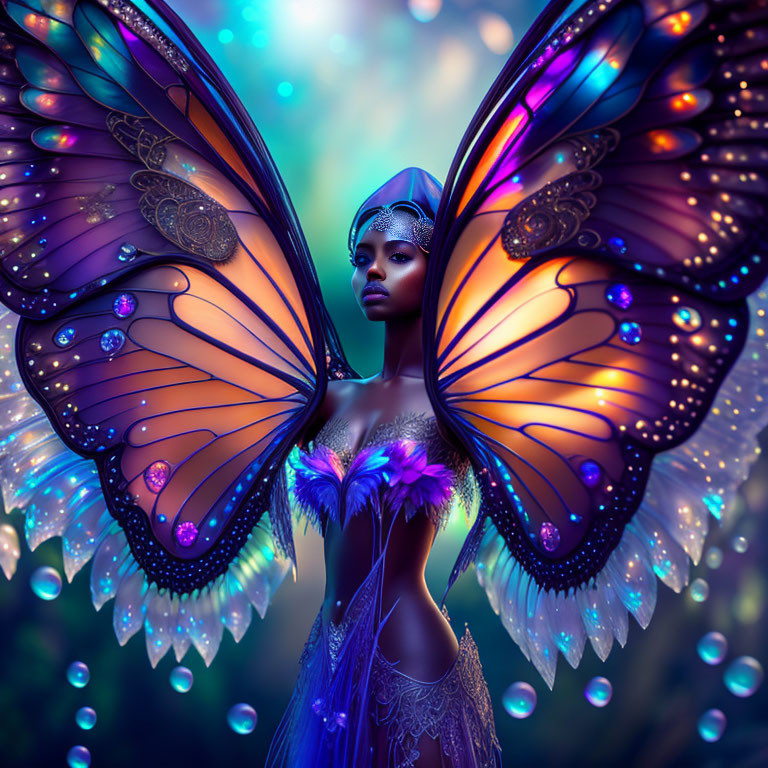 Digital Artwork: Woman with Butterfly Wings in Mystical Forest