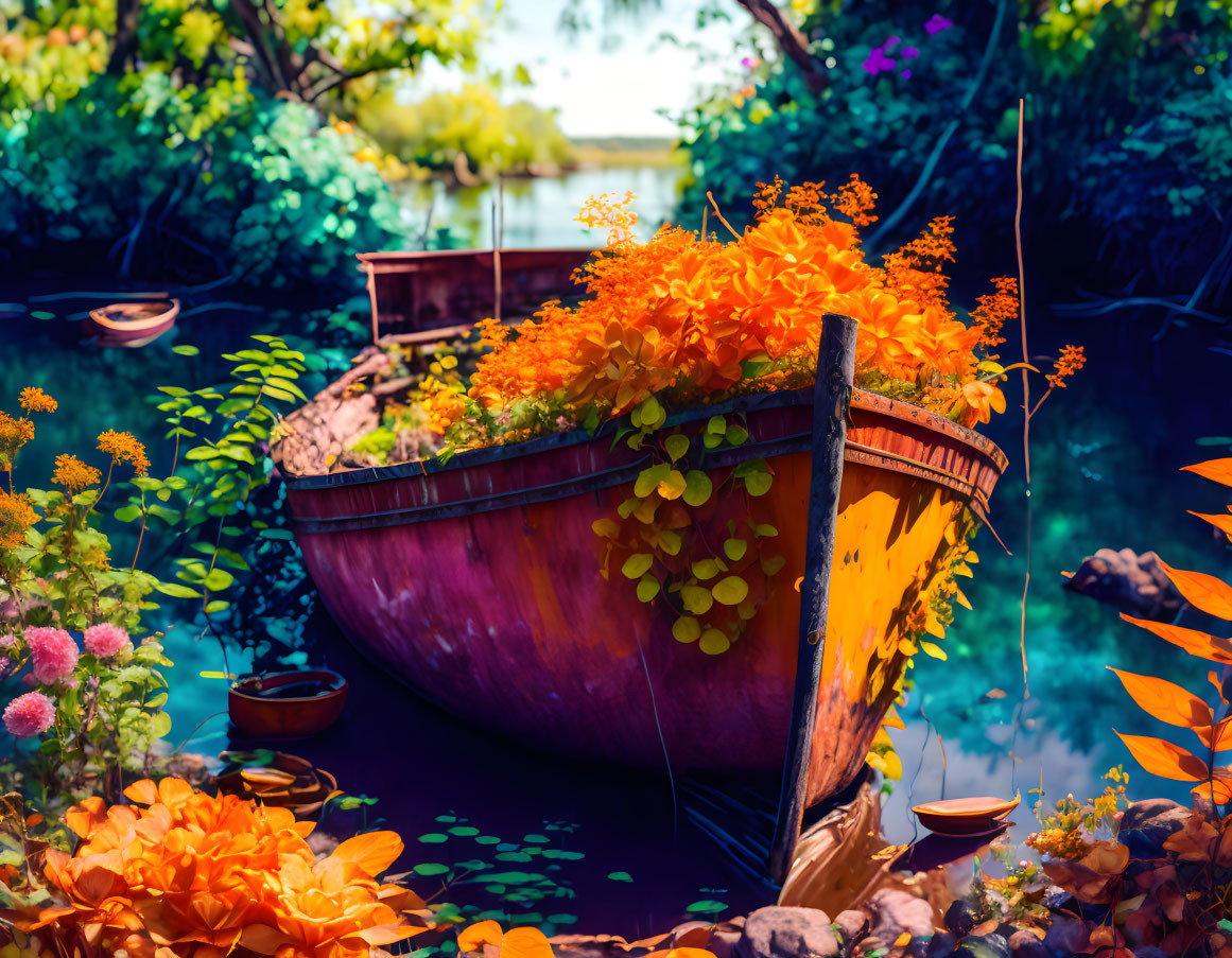 Colorful image of old boat with orange flowers on blue waters