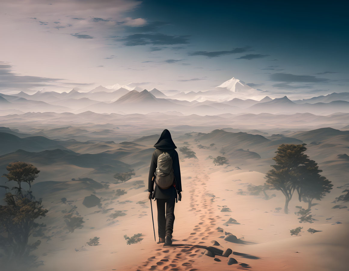 Desolate desert landscape with lone traveler in cloak and hood