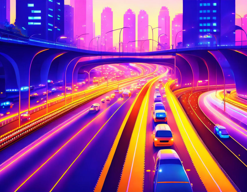 Detailed cityscape with multilevel highways and cars at dusk in vibrant illustration