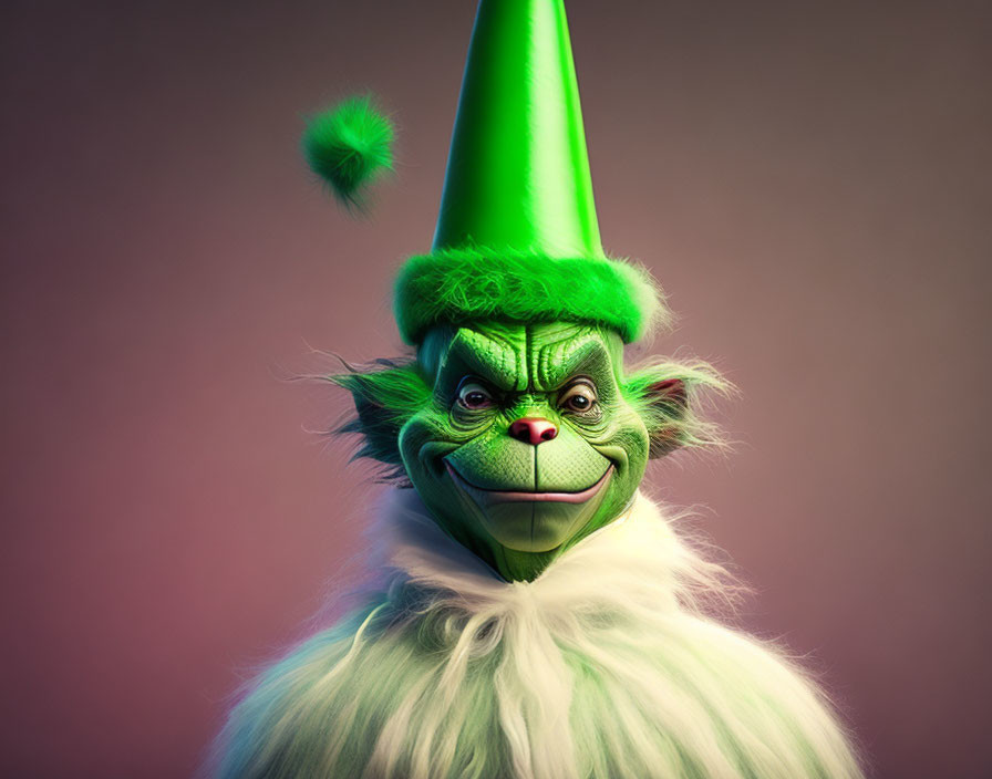 Green-furred character in pointed party hat looking displeased