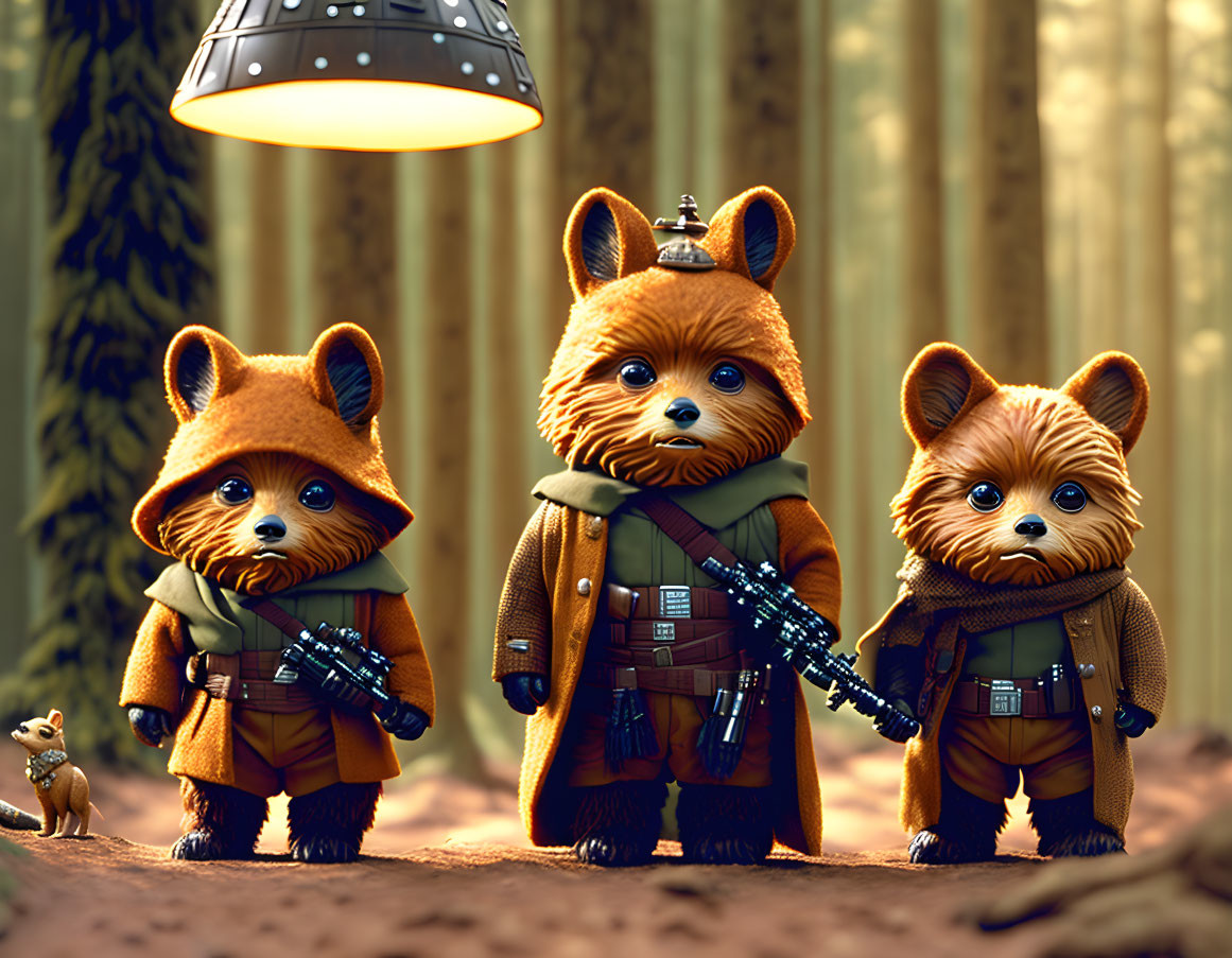 Furry warrior toy figures with weapons in forest setting with spaceship