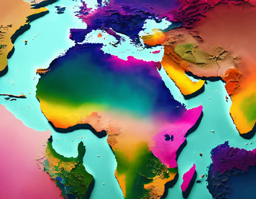 Vibrant Abstract World Map with 3D Effect and Diverse Colors